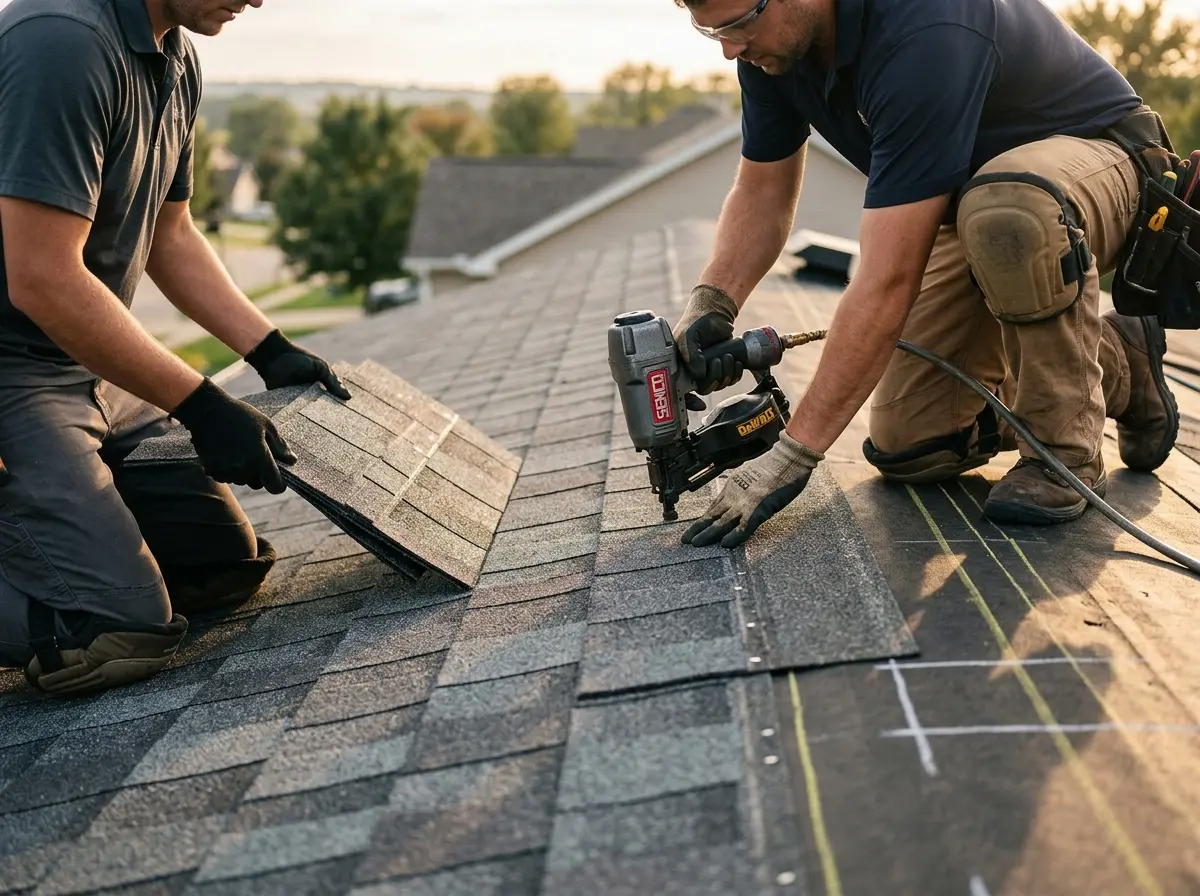 Professional roofer working on a residential roof in Kirkland